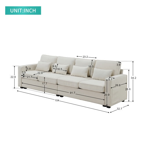 104" 4-Seater Modern Linen Fabric Sofa with Armrest Pockets and 4 Pillows – Minimalist Style Couch for Living Room, Apartment, Office – Available in 3 Colors