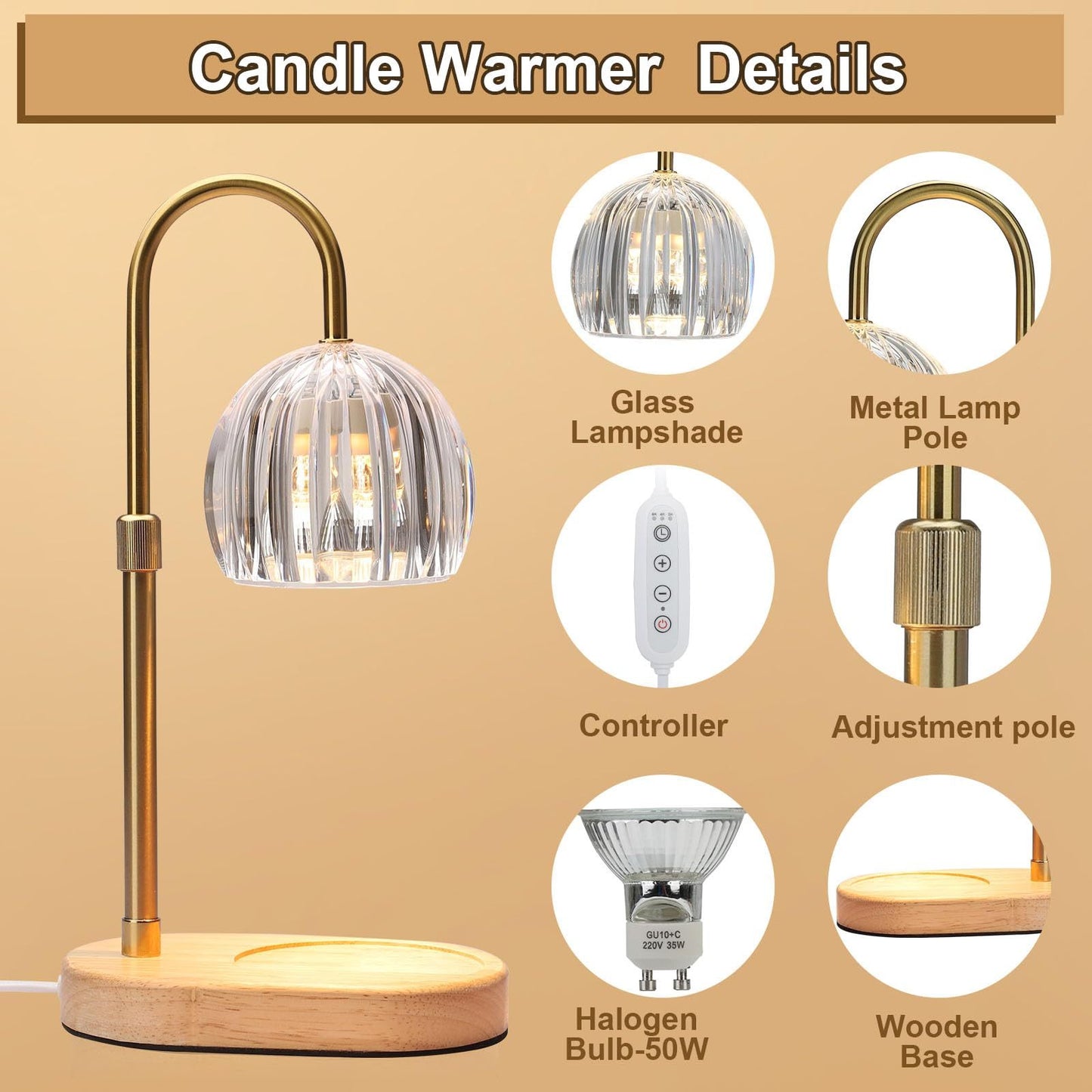 Candle Warmer Lamp with Timer & Dimmer, Clear Lampshade Electric Candle Lamp for Bedroom Decor, Height-Adjustable Wax Melts Warmer for Candle Jars,Women Mothers Day Gifts