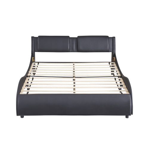 Queen Size Upholstered Faux Leather Platform Bed with LED Light, Slatted Bed Frame – Black