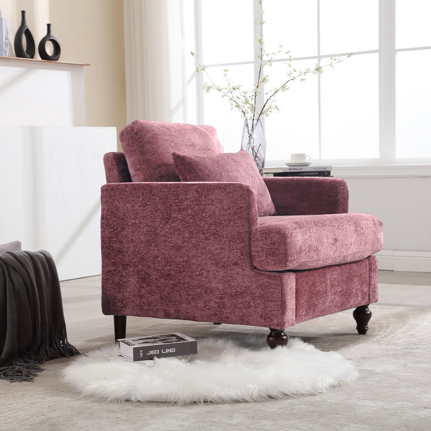 COOLMORE Wood Frame Armchair, Modern Accent Chair Lounge Chair for Living Room,Tufted Club Chair, Mid Century Modern Arm Chairs with Studded, Solid Wood Frame, for Bedroom, Reading(Wine red Chenille)