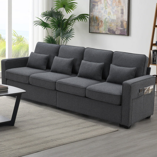 104" 4-Seater Modern Linen Fabric Sofa with Armrest Pockets and 4 Pillows – Minimalist Style Couch for Living Room, Apartment, Office – Available in 3 Colors