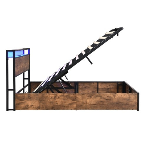 Lift-up Storage Bed Frame, Full Size with Bookcase Headboard & LED Lights, Wooden Platform Bed with Charging Station – Rustic Brown