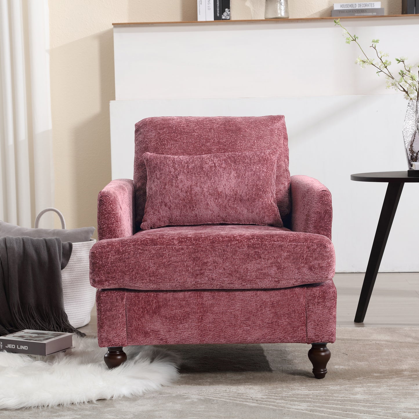 COOLMORE Wood Frame Armchair, Modern Accent Chair Lounge Chair for Living Room,Tufted Club Chair, Mid Century Modern Arm Chairs with Studded, Solid Wood Frame, for Bedroom, Reading(Wine red Chenille)