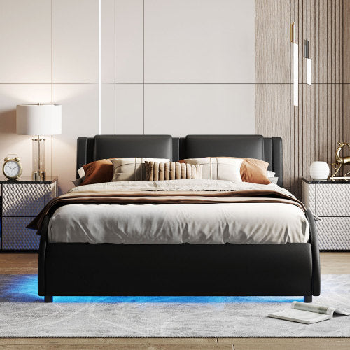 Queen Size Upholstered Faux Leather Platform Bed with LED Light, Slatted Bed Frame – Black