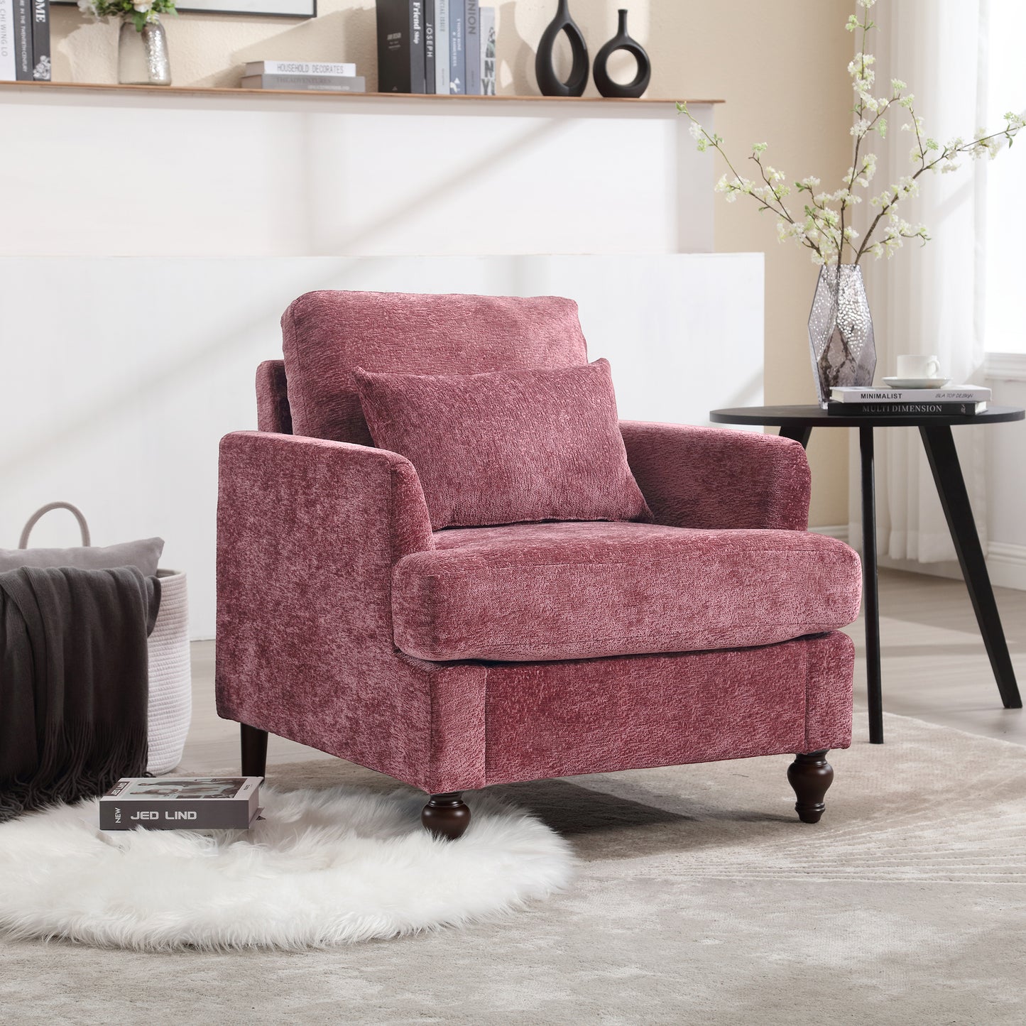 COOLMORE Wood Frame Armchair, Modern Accent Chair Lounge Chair for Living Room,Tufted Club Chair, Mid Century Modern Arm Chairs with Studded, Solid Wood Frame, for Bedroom, Reading(Wine red Chenille)