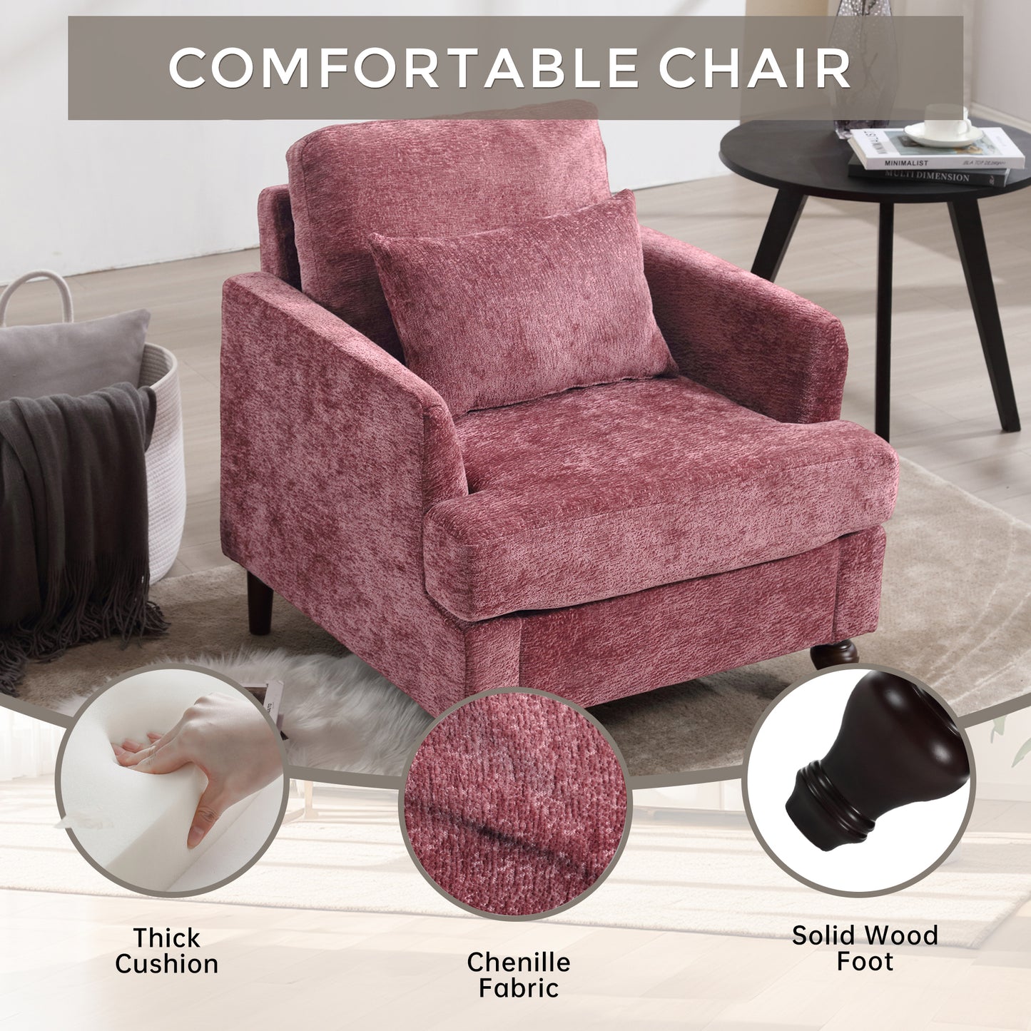 COOLMORE Wood Frame Armchair, Modern Accent Chair Lounge Chair for Living Room,Tufted Club Chair, Mid Century Modern Arm Chairs with Studded, Solid Wood Frame, for Bedroom, Reading(Wine red Chenille)