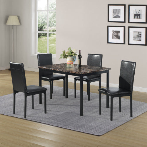 5-Piece Metal Dining Table and Chair Set with Imitation Marble Top – Black Dining Room Set, Table and 4 Chairs