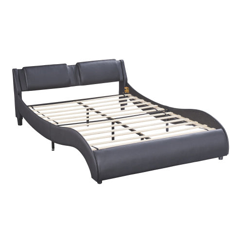 Queen Size Upholstered Faux Leather Platform Bed with LED Light, Slatted Bed Frame – Black