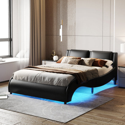 Queen Size Upholstered Faux Leather Platform Bed with LED Light, Slatted Bed Frame – Black