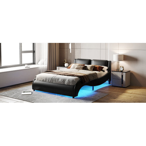 Queen Size Upholstered Faux Leather Platform Bed with LED Light, Slatted Bed Frame – Black