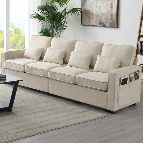 104" 4-Seater Modern Linen Fabric Sofa with Armrest Pockets and 4 Pillows – Minimalist Style Couch for Living Room, Apartment, Office – Available in 3 Colors