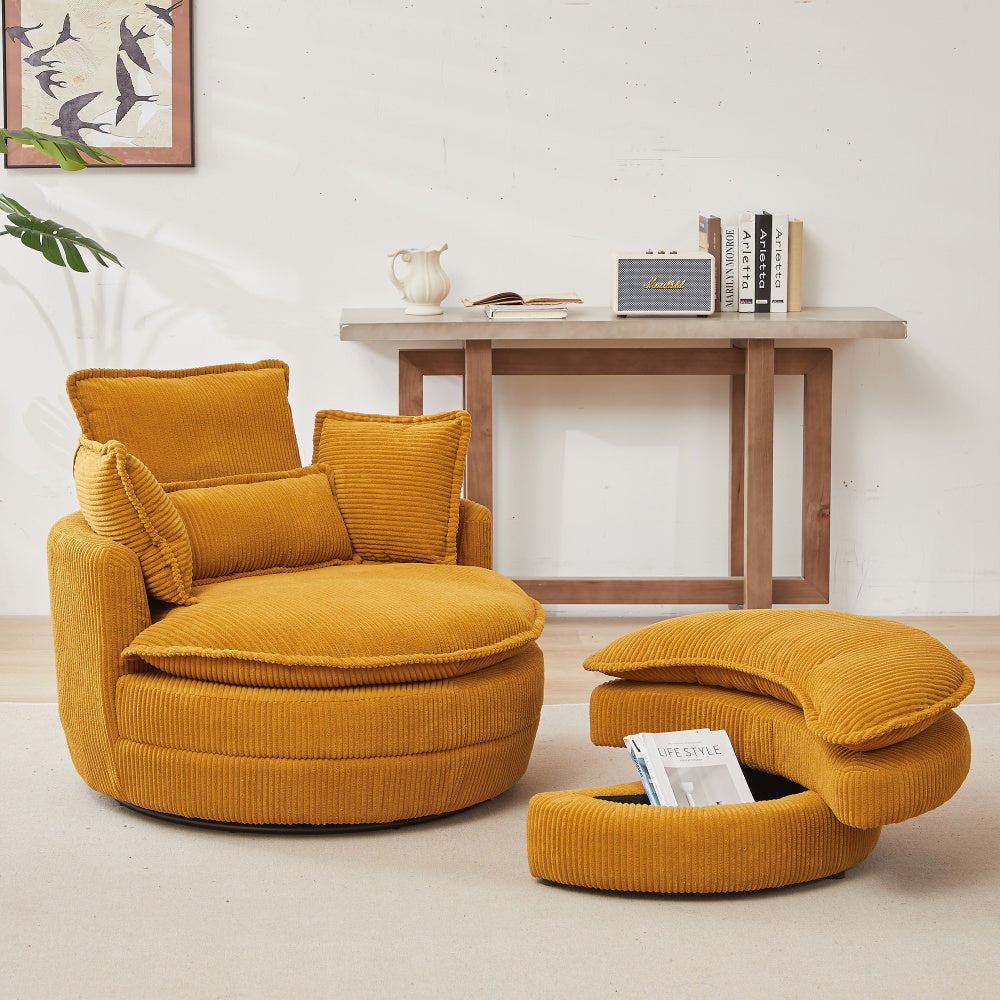 38&quot;W Oversized Swivel Chair with moon storage ottoman for Living Room, Modern Accent Round Loveseat Circle Swivel Barrel Chairs for Bedroom Cuddle Sofa Chair Lounger Armchair, 4 Pillows,CORDUROY
