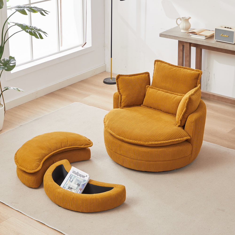 38&quot;W Oversized Swivel Chair with moon storage ottoman for Living Room, Modern Accent Round Loveseat Circle Swivel Barrel Chairs for Bedroom Cuddle Sofa Chair Lounger Armchair, 4 Pillows,CORDUROY