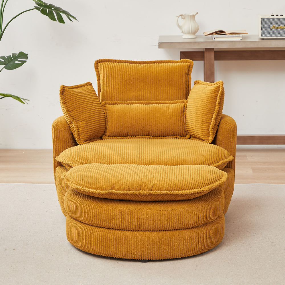 38&quot;W Oversized Swivel Chair with moon storage ottoman for Living Room, Modern Accent Round Loveseat Circle Swivel Barrel Chairs for Bedroom Cuddle Sofa Chair Lounger Armchair, 4 Pillows,CORDUROY
