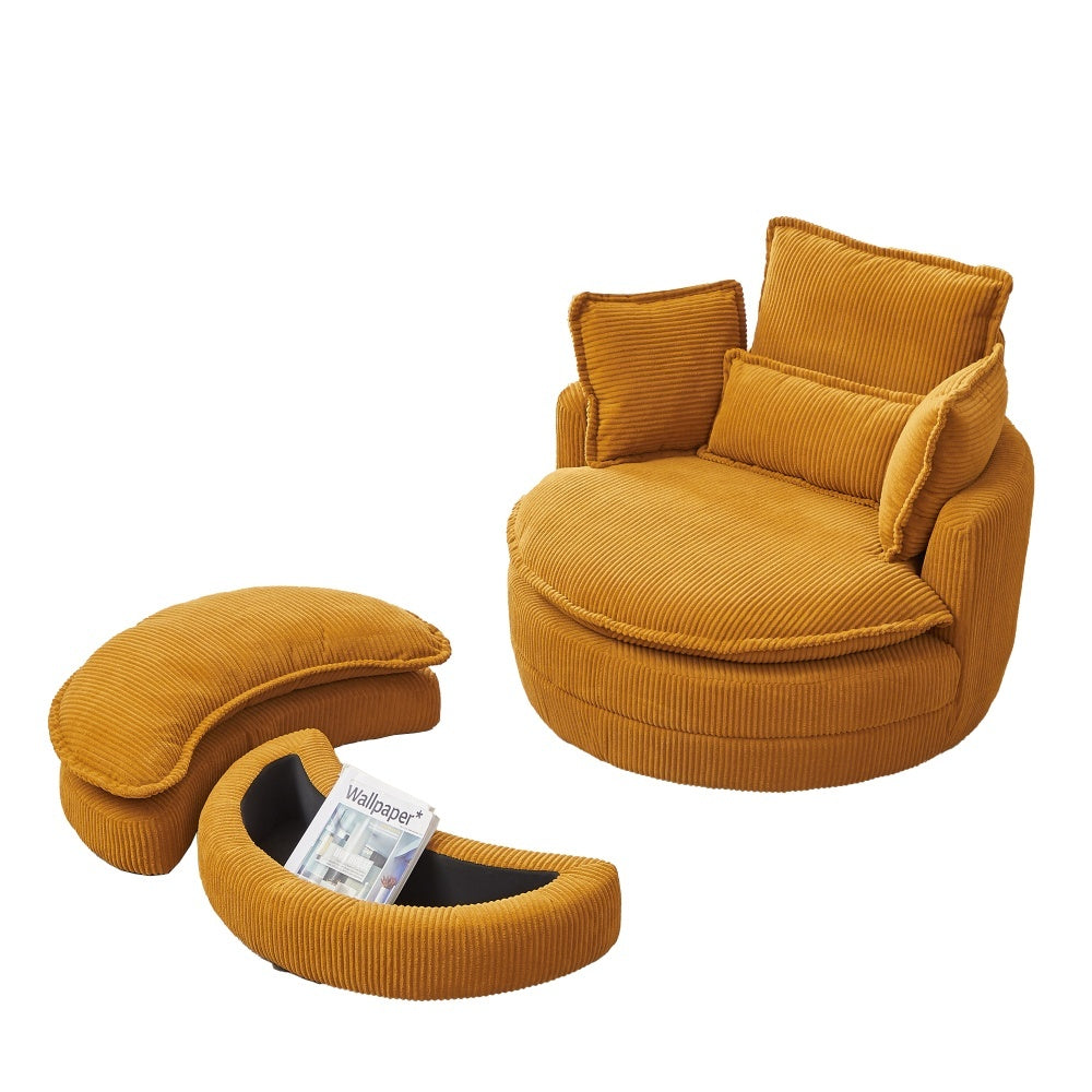 38&quot;W Oversized Swivel Chair with moon storage ottoman for Living Room, Modern Accent Round Loveseat Circle Swivel Barrel Chairs for Bedroom Cuddle Sofa Chair Lounger Armchair, 4 Pillows,CORDUROY