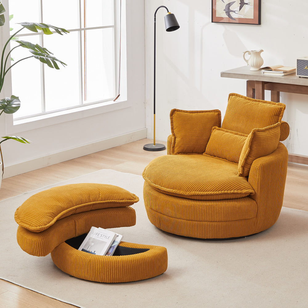 38&quot;W Oversized Swivel Chair with moon storage ottoman for Living Room, Modern Accent Round Loveseat Circle Swivel Barrel Chairs for Bedroom Cuddle Sofa Chair Lounger Armchair, 4 Pillows,CORDUROY