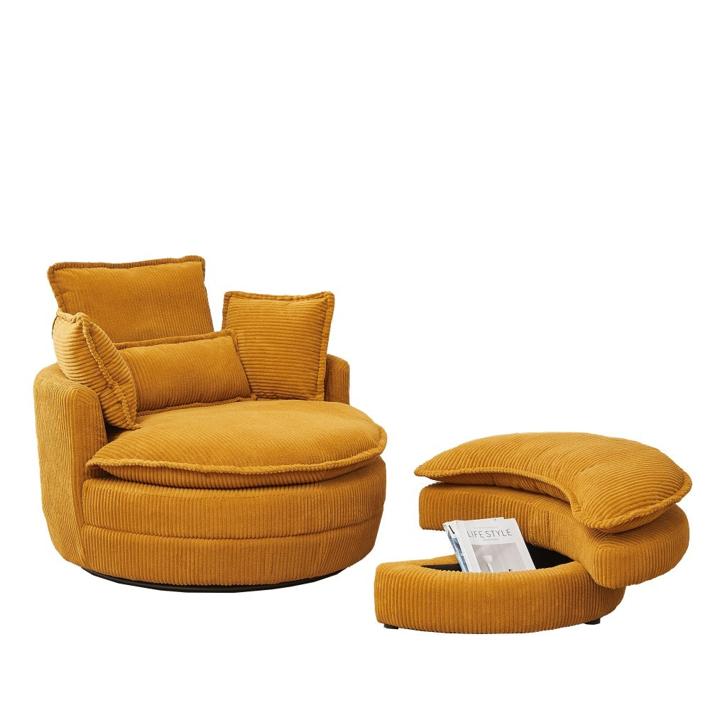 38&quot;W Oversized Swivel Chair with moon storage ottoman for Living Room, Modern Accent Round Loveseat Circle Swivel Barrel Chairs for Bedroom Cuddle Sofa Chair Lounger Armchair, 4 Pillows,CORDUROY