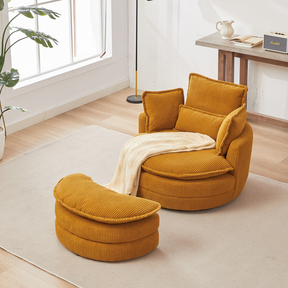 38&quot;W Oversized Swivel Chair with moon storage ottoman for Living Room, Modern Accent Round Loveseat Circle Swivel Barrel Chairs for Bedroom Cuddle Sofa Chair Lounger Armchair, 4 Pillows,CORDUROY