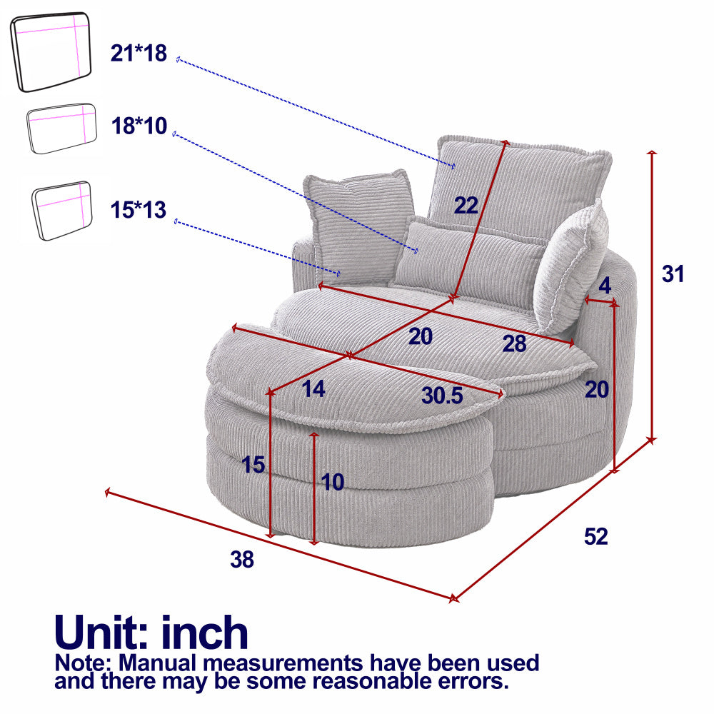 38&quot;W Oversized Swivel Chair with moon storage ottoman for Living Room, Modern Accent Round Loveseat Circle Swivel Barrel Chairs for Bedroom Cuddle Sofa Chair Lounger Armchair, 4 Pillows,CORDUROY