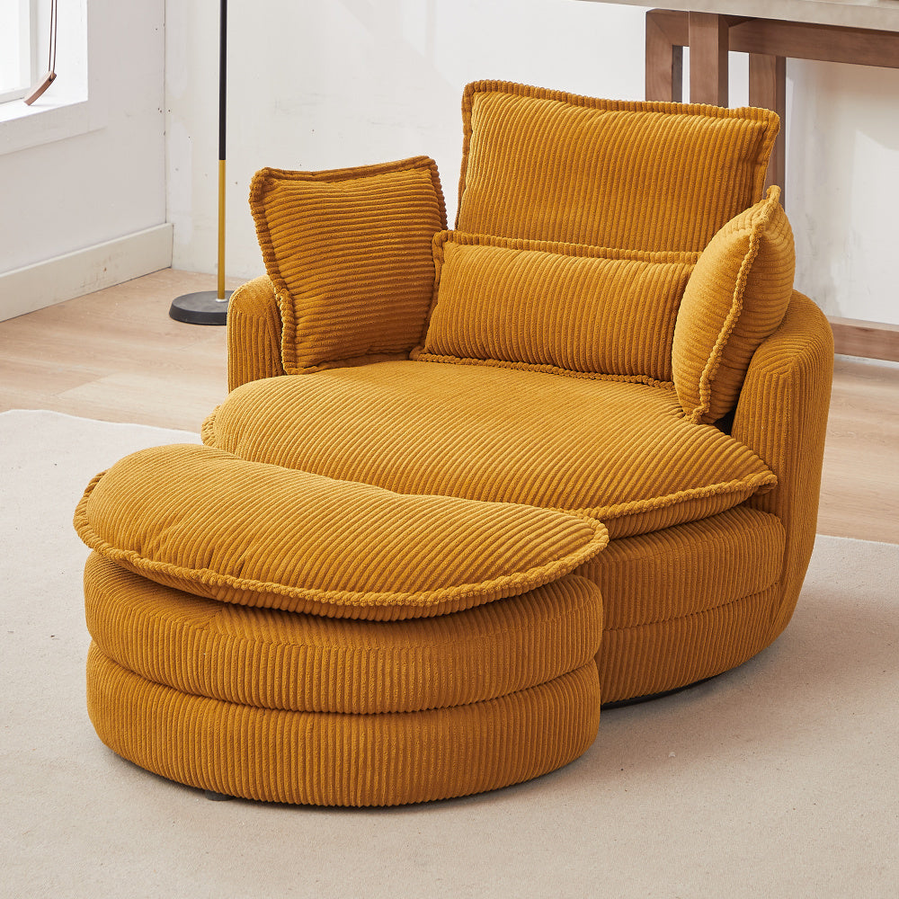 38&quot;W Oversized Swivel Chair with moon storage ottoman for Living Room, Modern Accent Round Loveseat Circle Swivel Barrel Chairs for Bedroom Cuddle Sofa Chair Lounger Armchair, 4 Pillows,CORDUROY