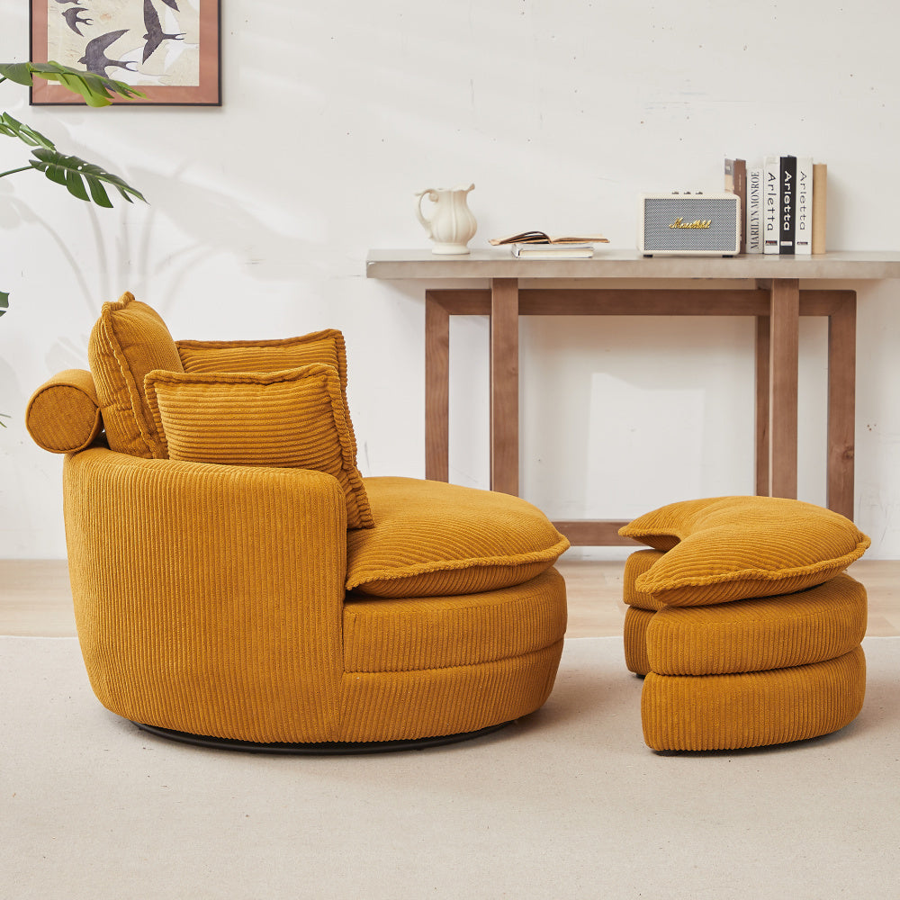 38&quot;W Oversized Swivel Chair with moon storage ottoman for Living Room, Modern Accent Round Loveseat Circle Swivel Barrel Chairs for Bedroom Cuddle Sofa Chair Lounger Armchair, 4 Pillows,CORDUROY