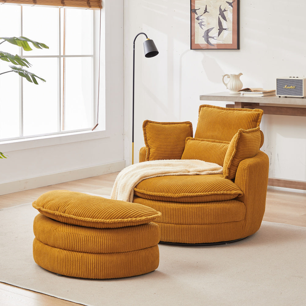 38&quot;W Oversized Swivel Chair with moon storage ottoman for Living Room, Modern Accent Round Loveseat Circle Swivel Barrel Chairs for Bedroom Cuddle Sofa Chair Lounger Armchair, 4 Pillows,CORDUROY