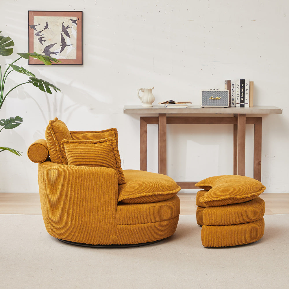 38&quot;W Oversized Swivel Chair with moon storage ottoman for Living Room, Modern Accent Round Loveseat Circle Swivel Barrel Chairs for Bedroom Cuddle Sofa Chair Lounger Armchair, 4 Pillows,CORDUROY