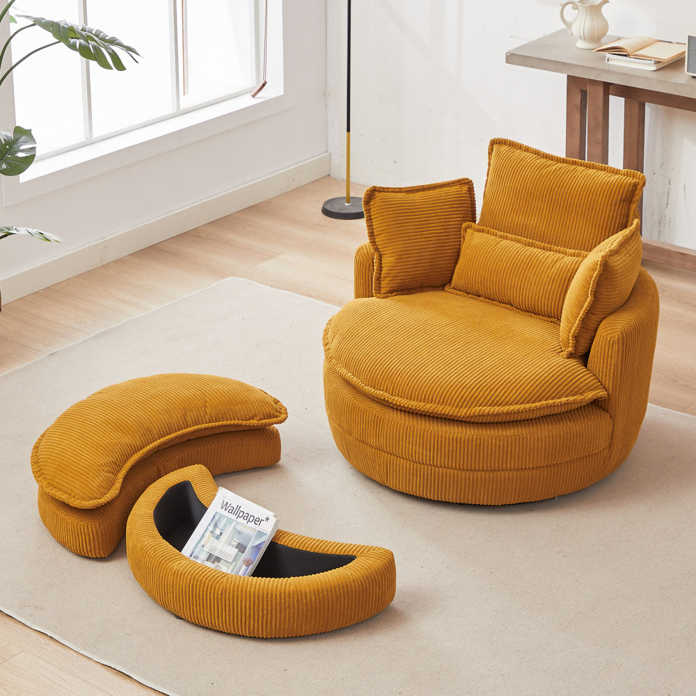 38&quot;W Oversized Swivel Chair with moon storage ottoman for Living Room, Modern Accent Round Loveseat Circle Swivel Barrel Chairs for Bedroom Cuddle Sofa Chair Lounger Armchair, 4 Pillows,CORDUROY
