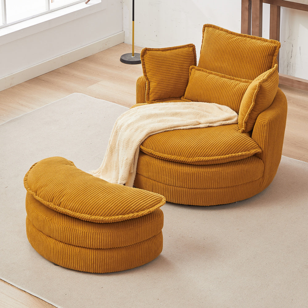 38&quot;W Oversized Swivel Chair with moon storage ottoman for Living Room, Modern Accent Round Loveseat Circle Swivel Barrel Chairs for Bedroom Cuddle Sofa Chair Lounger Armchair, 4 Pillows,CORDUROY