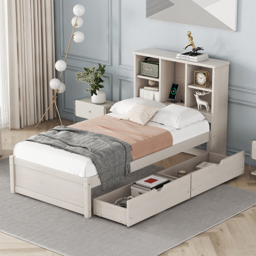 Modern Twin Size Bed Frame with Built-in USB Port on Bookcase Headboard and 2 Drawers – White Washed
