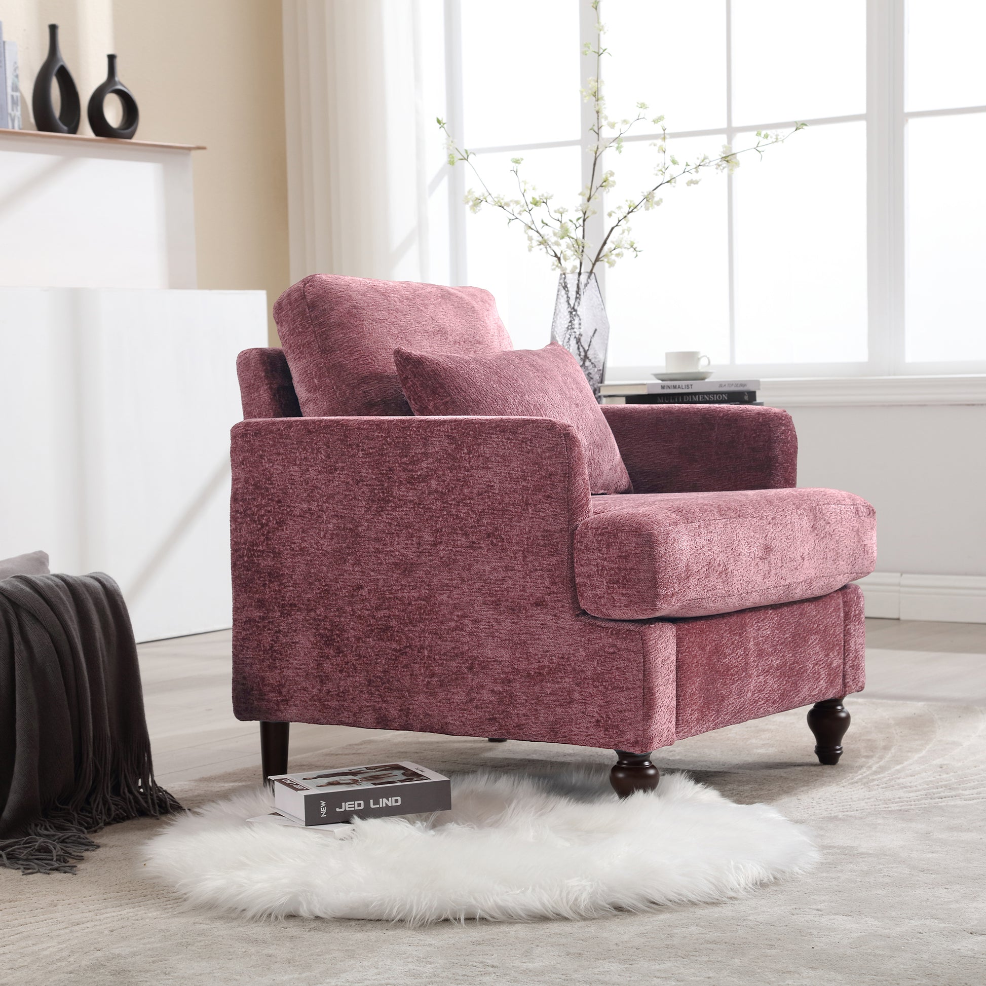 COOLMORE Wood Frame Armchair,  Modern Accent Chair Lounge Chair for Living Room,Tufted Club Chair, Mid Century Modern Arm Chairs with Studded, Solid Wood Frame, for Bedroom, Reading(Wine red Chenille)