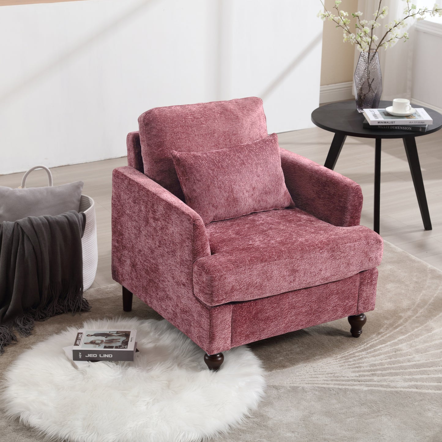 COOLMORE Wood Frame Armchair,  Modern Accent Chair Lounge Chair for Living Room,Tufted Club Chair, Mid Century Modern Arm Chairs with Studded, Solid Wood Frame, for Bedroom, Reading(Wine red Chenille)