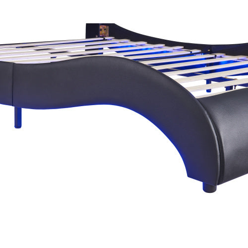Queen Size Upholstered Faux Leather Platform Bed with LED Light, Slatted Bed Frame – Black