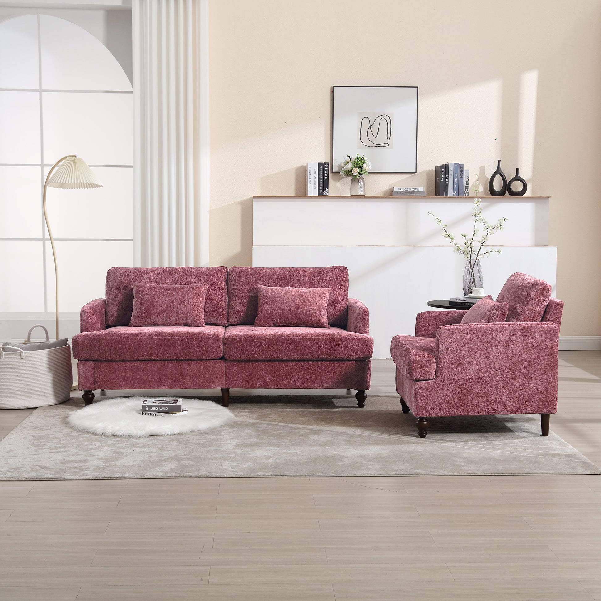 COOLMORE Wood Frame Armchair,  Modern Accent Chair Lounge Chair for Living Room,Tufted Club Chair, Mid Century Modern Arm Chairs with Studded, Solid Wood Frame, for Bedroom, Reading(Wine red Chenille)