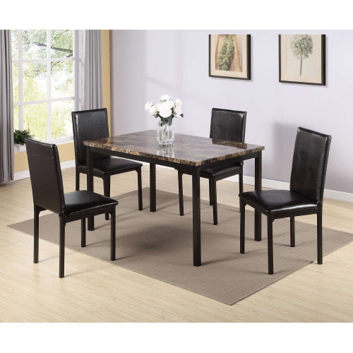 5-Piece Metal Dining Table and Chair Set with Imitation Marble Top – Black Dining Room Set, Table and 4 Chairs