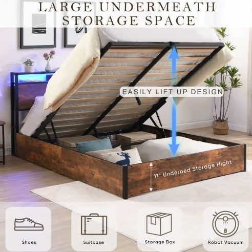 Lift-up Storage Bed Frame, Full Size with Bookcase Headboard & LED Lights, Wooden Platform Bed with Charging Station – Rustic Brown