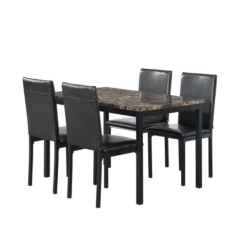 5-Piece Metal Dining Table and Chair Set with Imitation Marble Top – Black Dining Room Set, Table and 4 Chairs