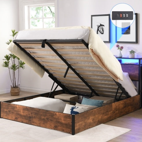 Lift-up Storage Bed Frame, Full Size with Bookcase Headboard & LED Lights, Wooden Platform Bed with Charging Station – Rustic Brown