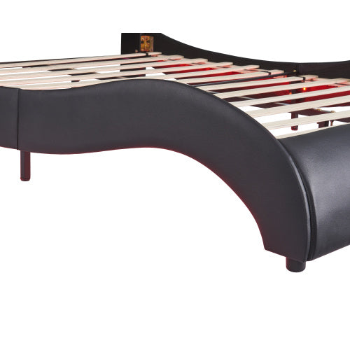 Queen Size Upholstered Faux Leather Platform Bed with LED Light, Slatted Bed Frame – Black