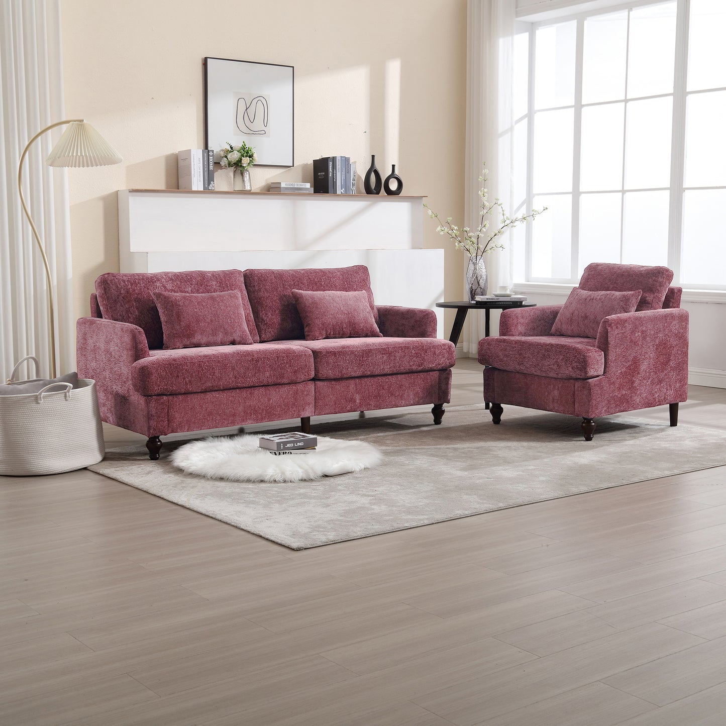 COOLMORE Wood Frame Armchair,  Modern Accent Chair Lounge Chair for Living Room,Tufted Club Chair, Mid Century Modern Arm Chairs with Studded, Solid Wood Frame, for Bedroom, Reading(Wine red Chenille)