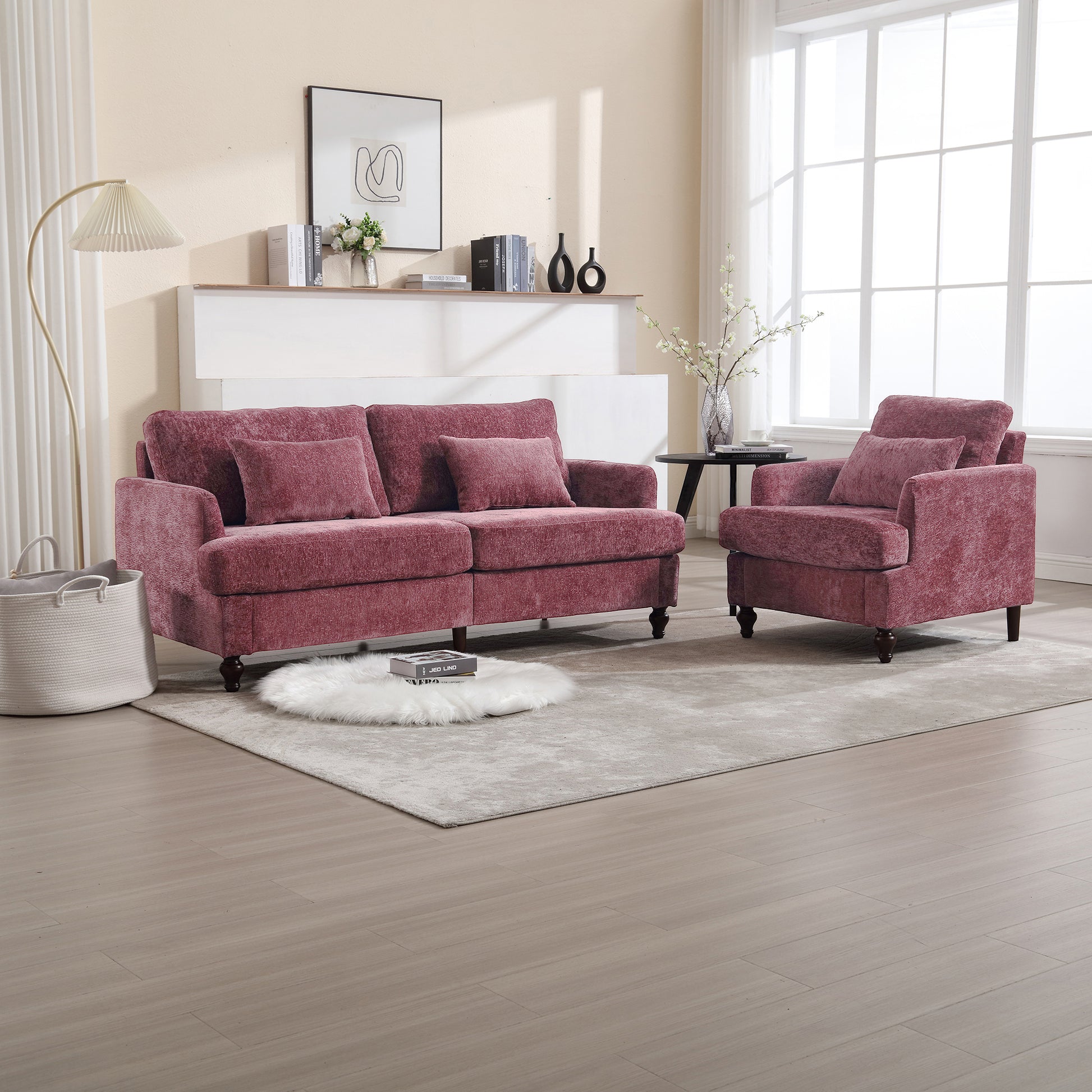 COOLMORE Wood Frame Armchair,  Modern Accent Chair Lounge Chair for Living Room,Tufted Club Chair, Mid Century Modern Arm Chairs with Studded, Solid Wood Frame, for Bedroom, Reading(Wine red Chenille)