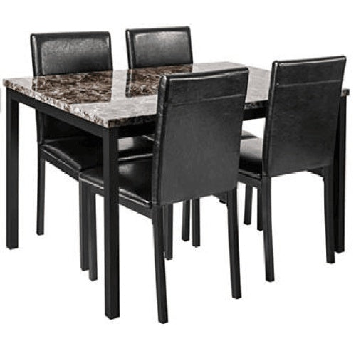 5-Piece Metal Dining Table and Chair Set with Imitation Marble Top – Black Dining Room Set, Table and 4 Chairs