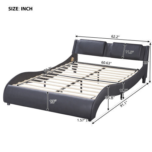 Queen Size Upholstered Faux Leather Platform Bed with LED Light, Slatted Bed Frame – Black