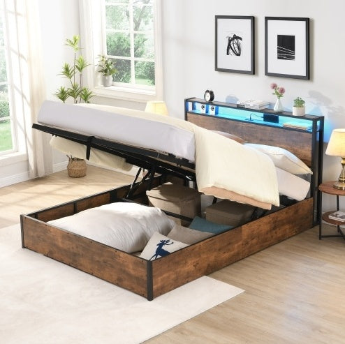 Lift-up Storage Bed Frame, Full Size with Bookcase Headboard & LED Lights, Wooden Platform Bed with Charging Station – Rustic Brown