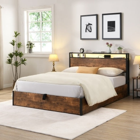 Lift-up Storage Bed Frame, Full Size with Bookcase Headboard & LED Lights, Wooden Platform Bed with Charging Station – Rustic Brown