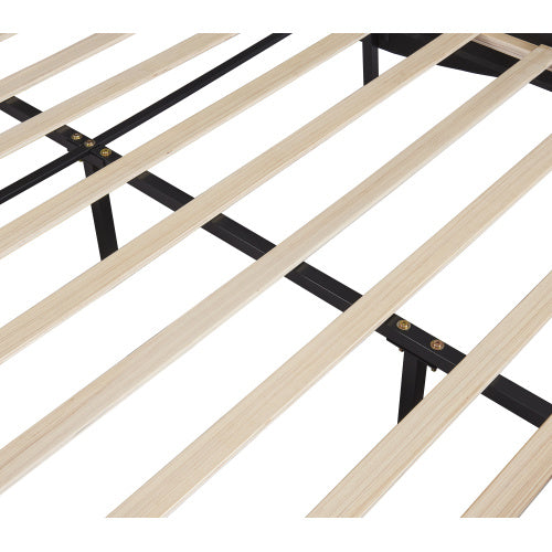Queen Size Upholstered Faux Leather Platform Bed with LED Light, Slatted Bed Frame – Black
