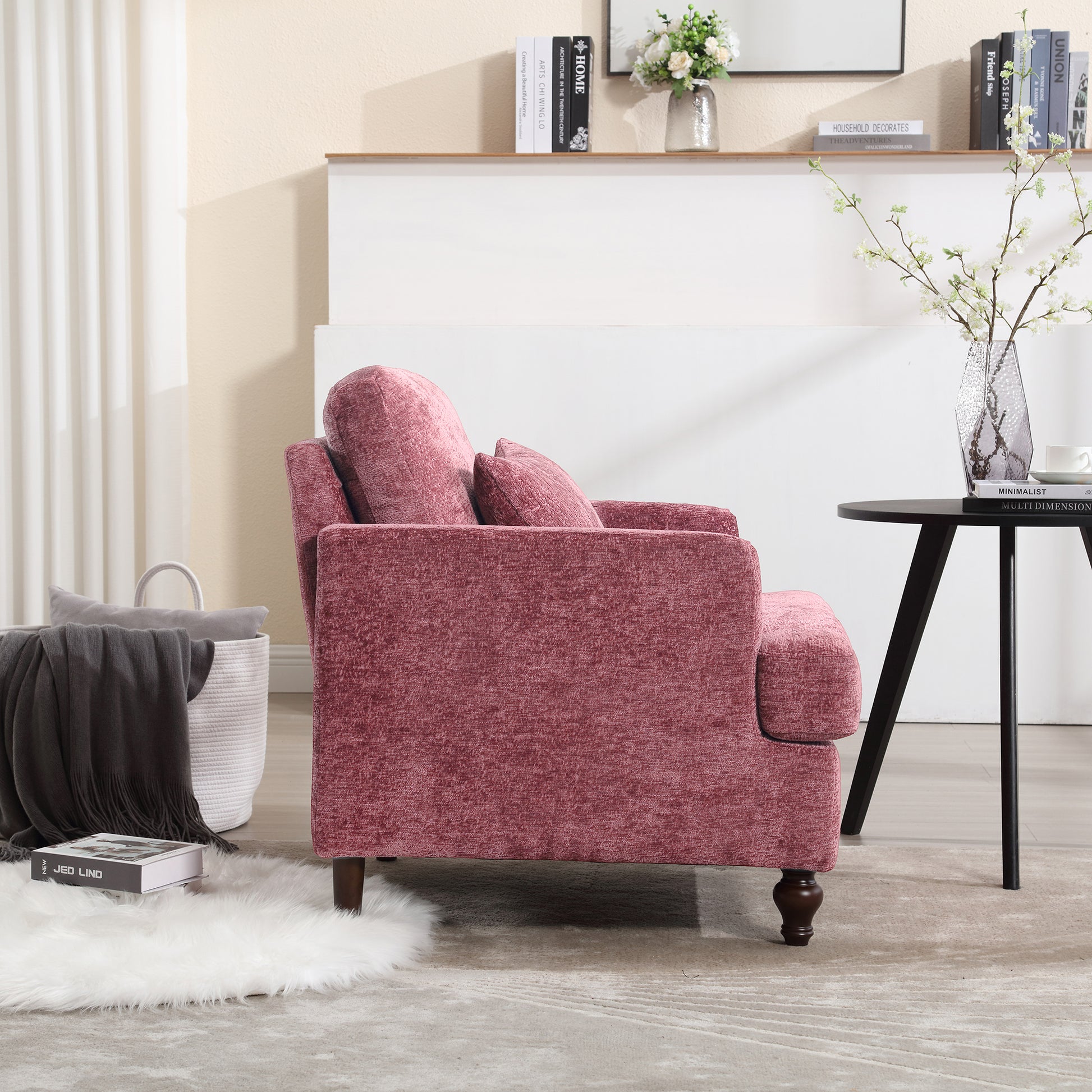 COOLMORE Wood Frame Armchair,  Modern Accent Chair Lounge Chair for Living Room,Tufted Club Chair, Mid Century Modern Arm Chairs with Studded, Solid Wood Frame, for Bedroom, Reading(Wine red Chenille)